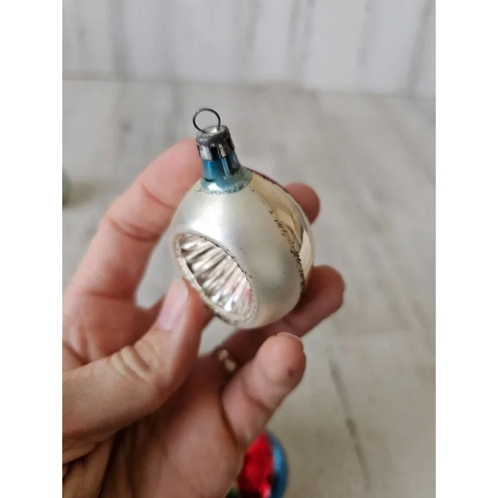 Vintage striped poland indent mini ornament reflector Mercury glass pink blue se